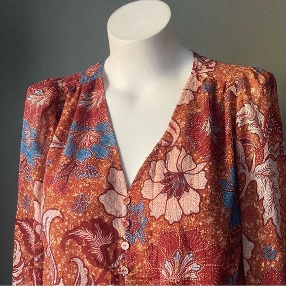 Joie | Burnt Sienna Floral Breezy Crop Tuck Waist Button Down Blouse - Picture 7 of 12